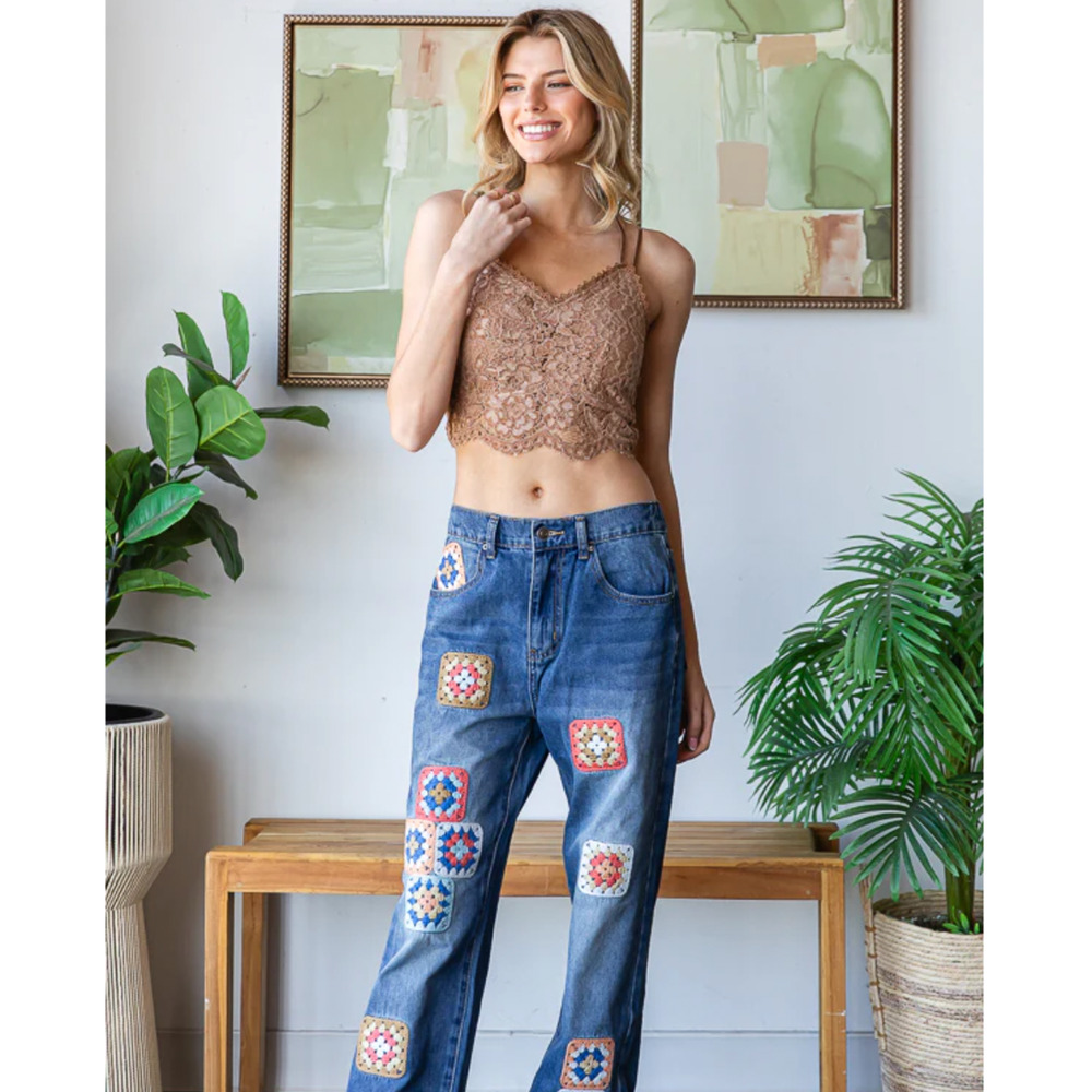 Copied - NWT Oli and Hali WASHED SQUARE CROCHET PATCHWORK DENIM JEANS Sz S